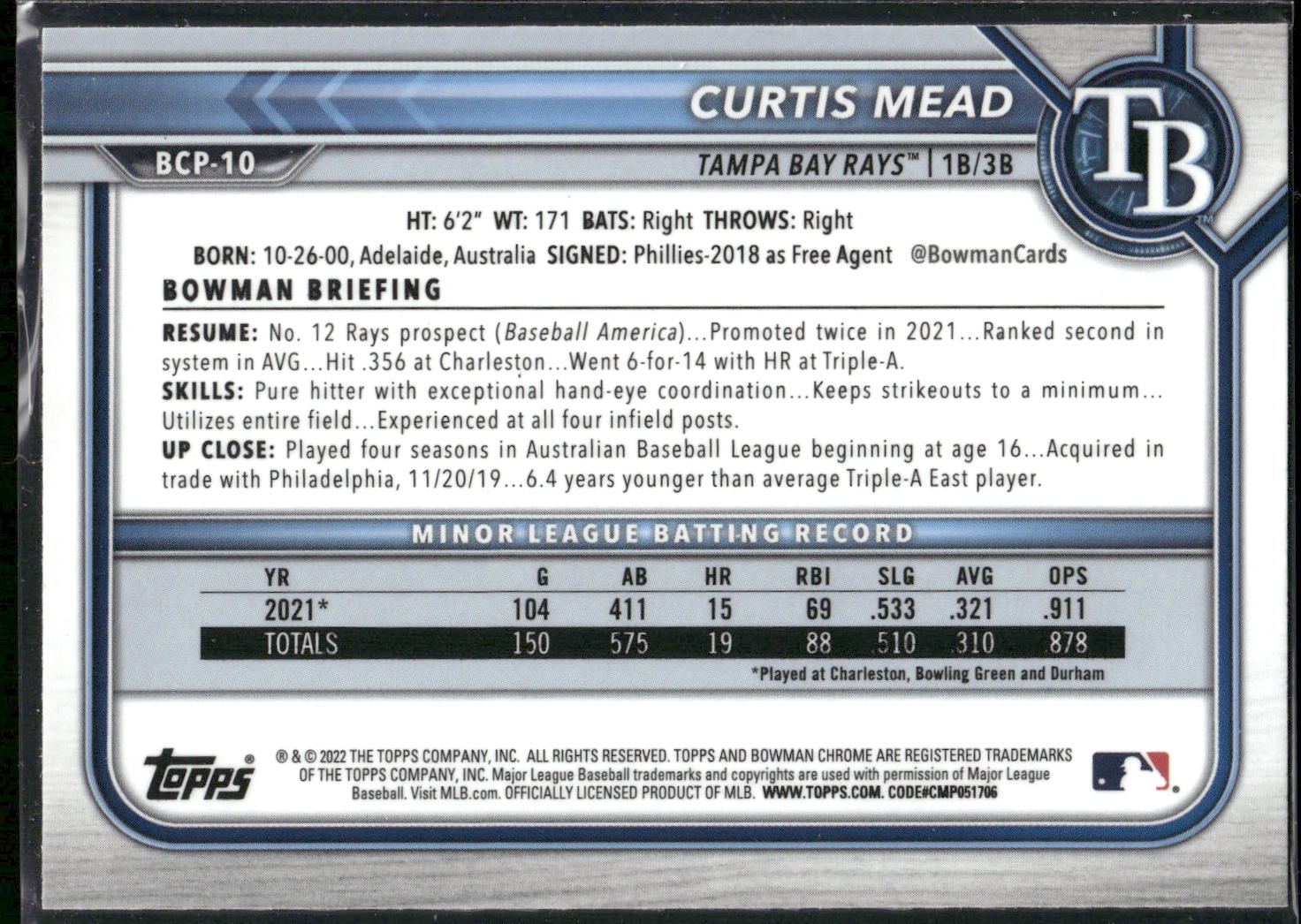 2022 Bowman #BCP-10 Curtis Mead Chrome Prospects