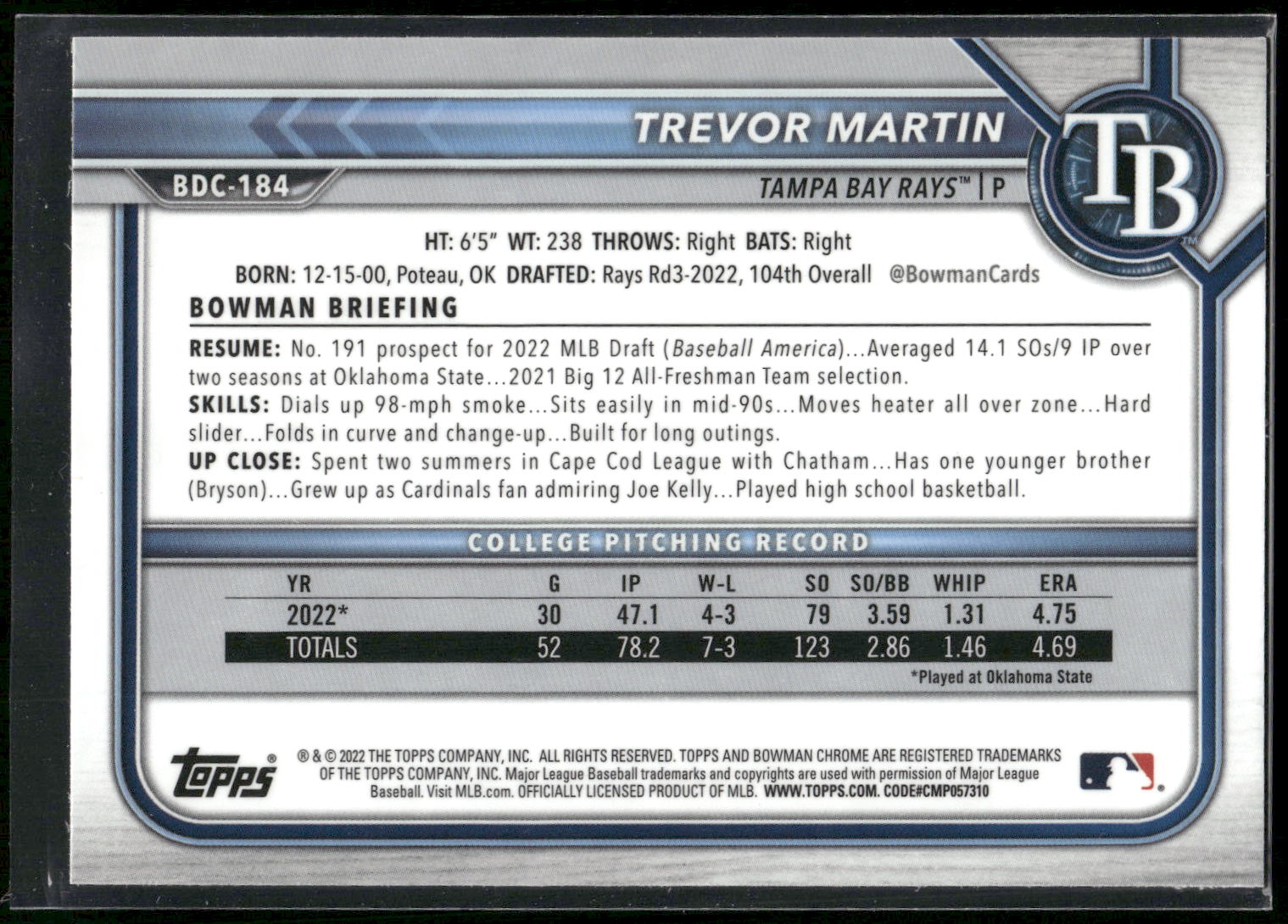 2022 Bowman Draft #BDC-184 Trevor Martin Chrome