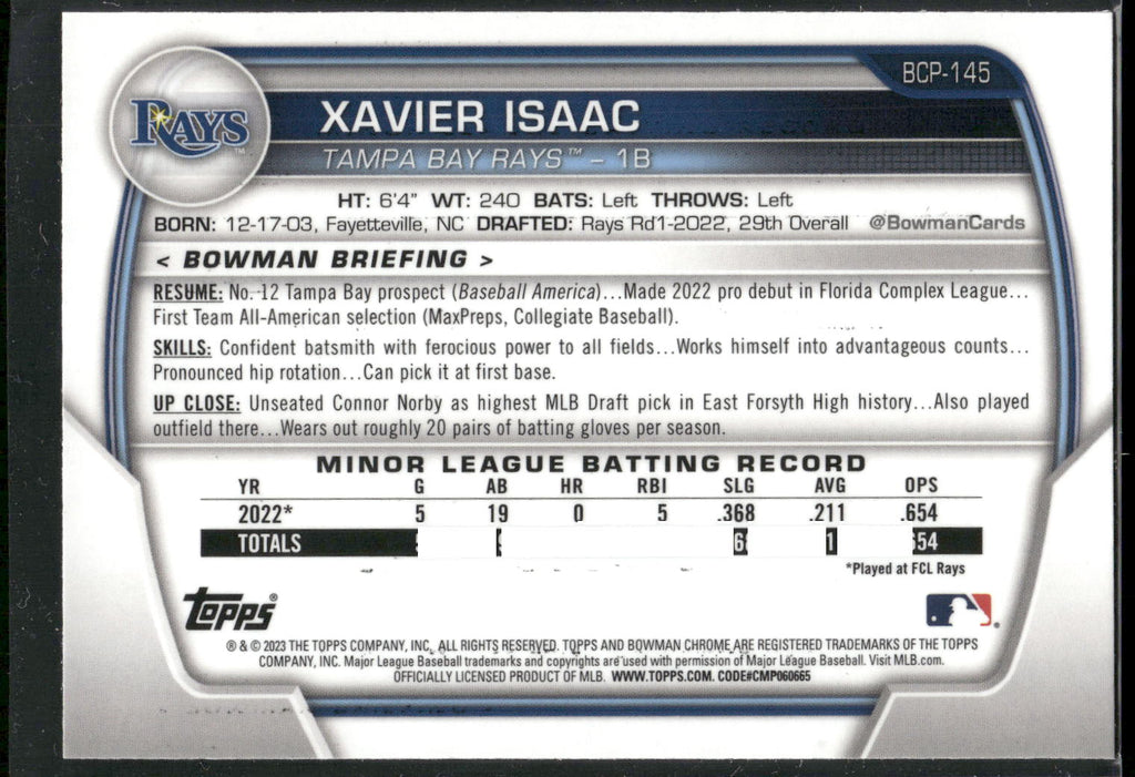 2023 Bowman #BCP-145 Xavier Isaac Chrome Prospects