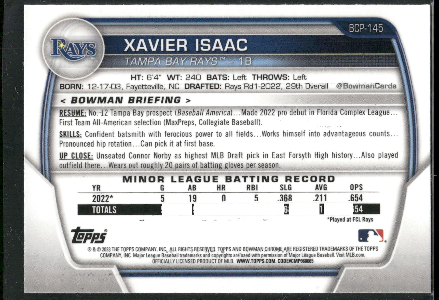 2023 Bowman #BCP-145 Xavier Isaac Chrome Prospects