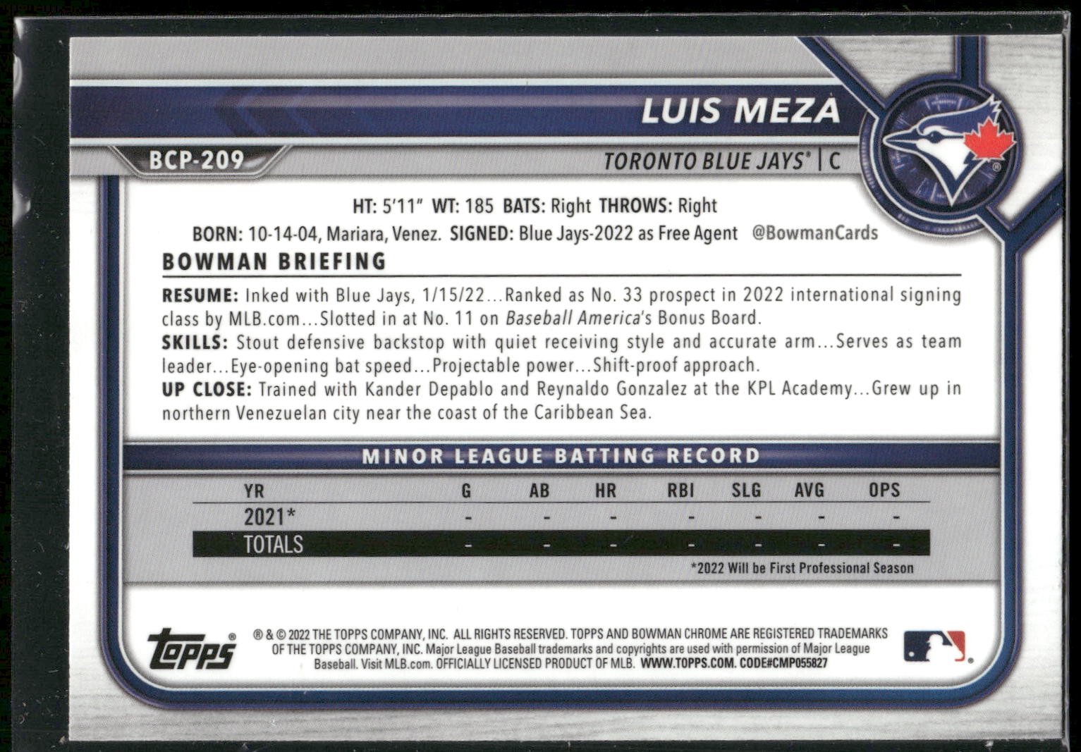 2022 Bowman Chrome #BCP-209 Luis Meza Prospects