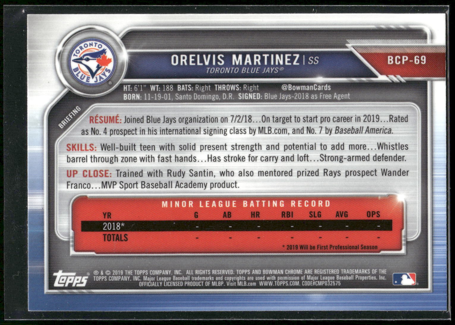 2019 Bowman #BCP-69 Orelvis Martinez Chrome Prospects