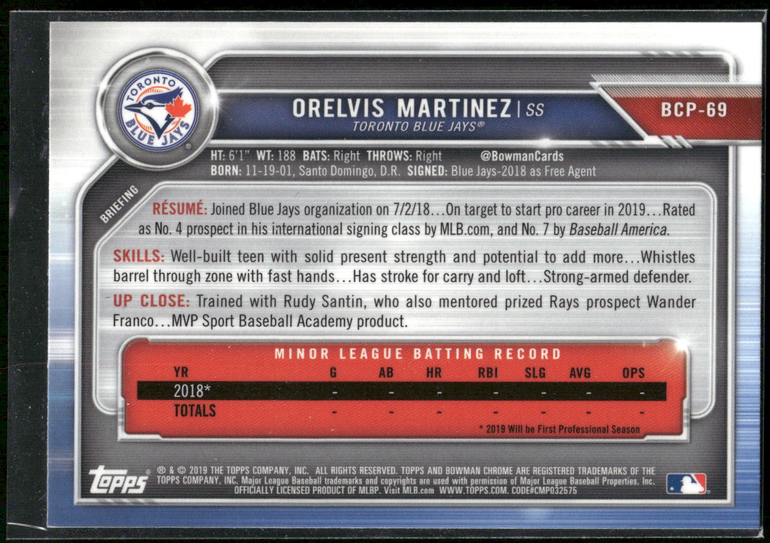 2019 Bowman #BCP-69 Orelvis Martinez Chrome Prospects