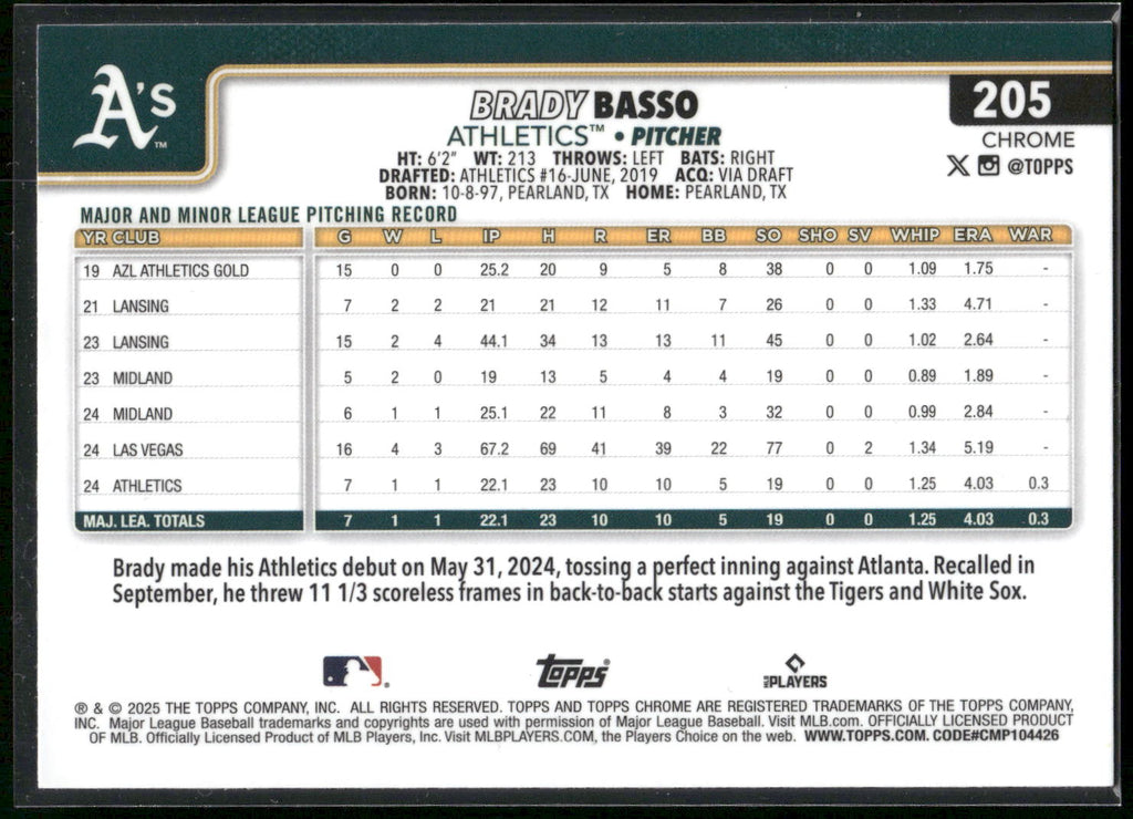 2025 Topps Chrome #205 Brady Basso