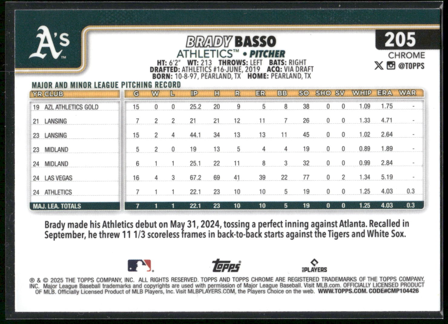 2025 Topps Chrome #205 Brady Basso