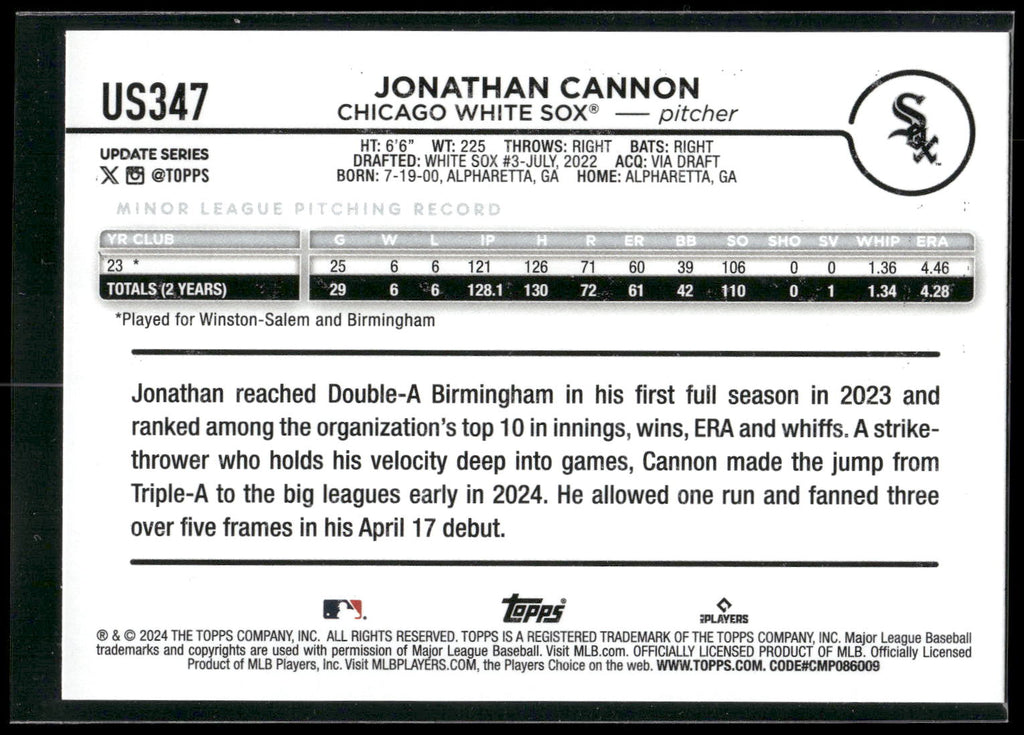 2024 Topps Update #US347 Jonathan Cannon