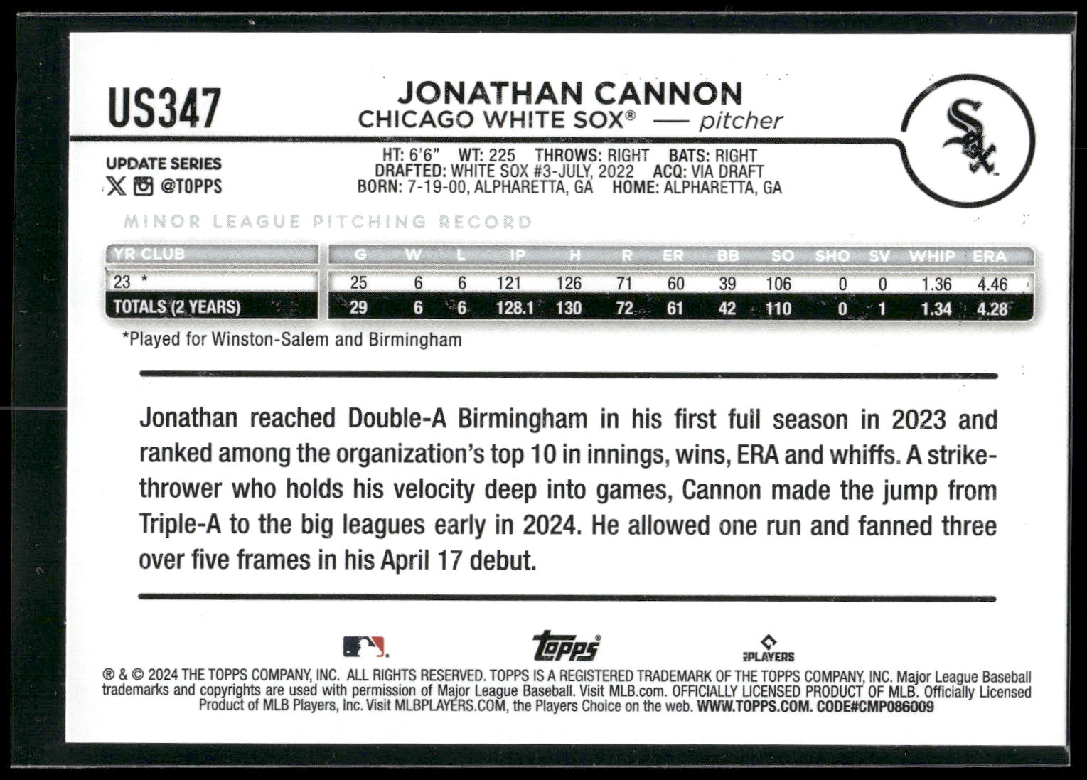 2024 Topps Update #US347 Jonathan Cannon