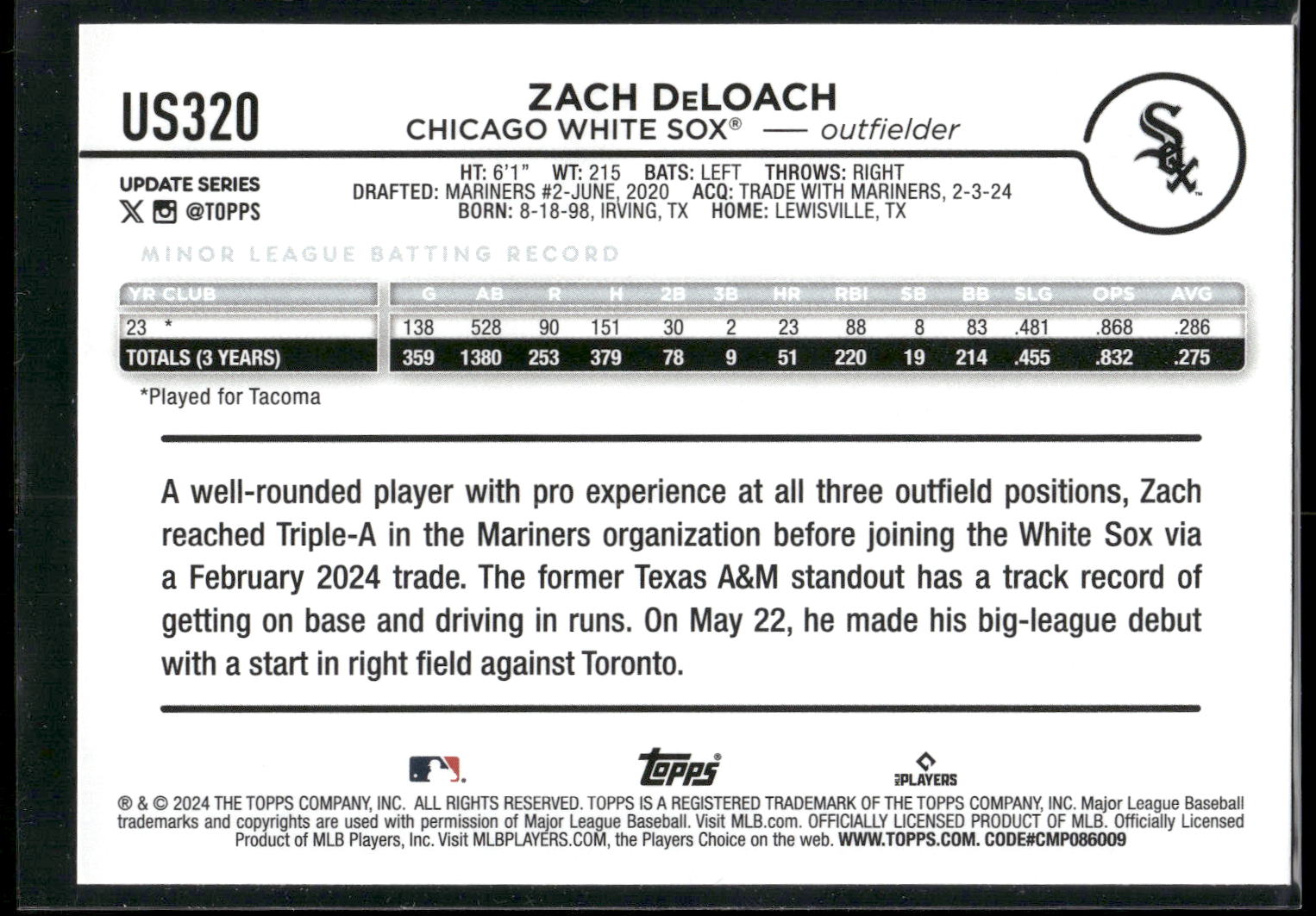 2024 Topps Update #US320 Zach DeLoach