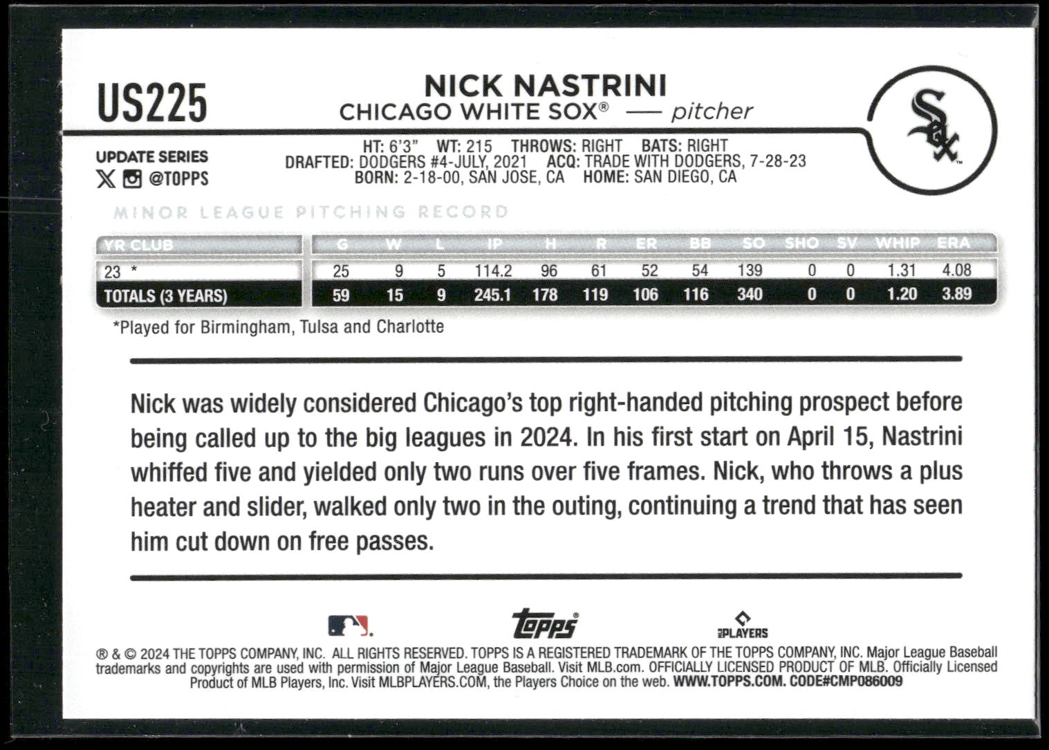 2024 Topps Update #US225 Nick Nastrini
