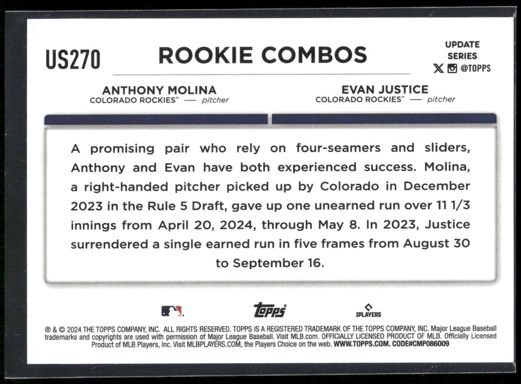 2024 Topps Update #US270 Evan Justice / Anthony Molina RCOM,