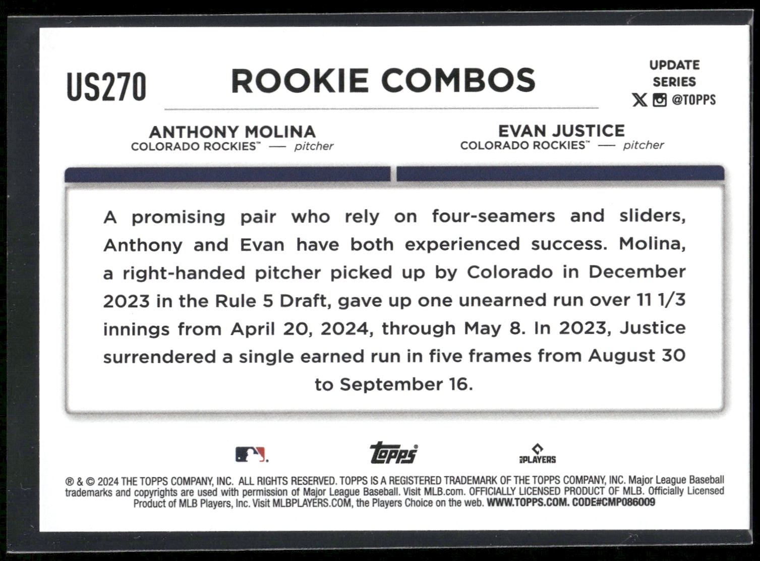 2024 Topps Update #US270 Evan Justice / Anthony Molina RCOM,