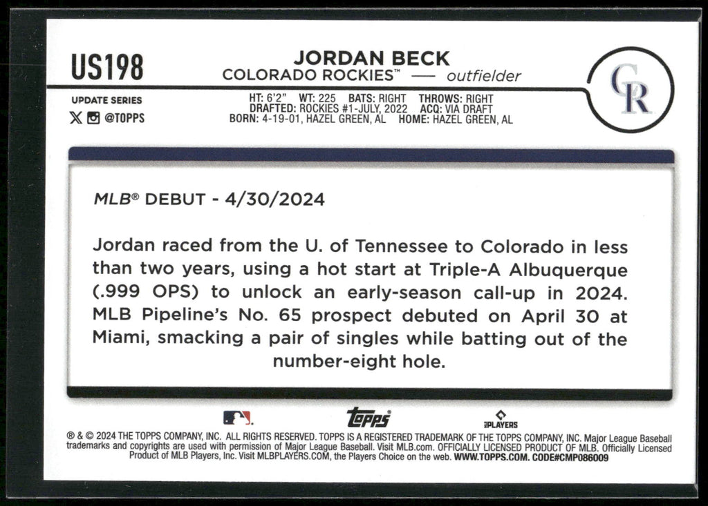 2024 Topps Update #US198 Jordan Beck