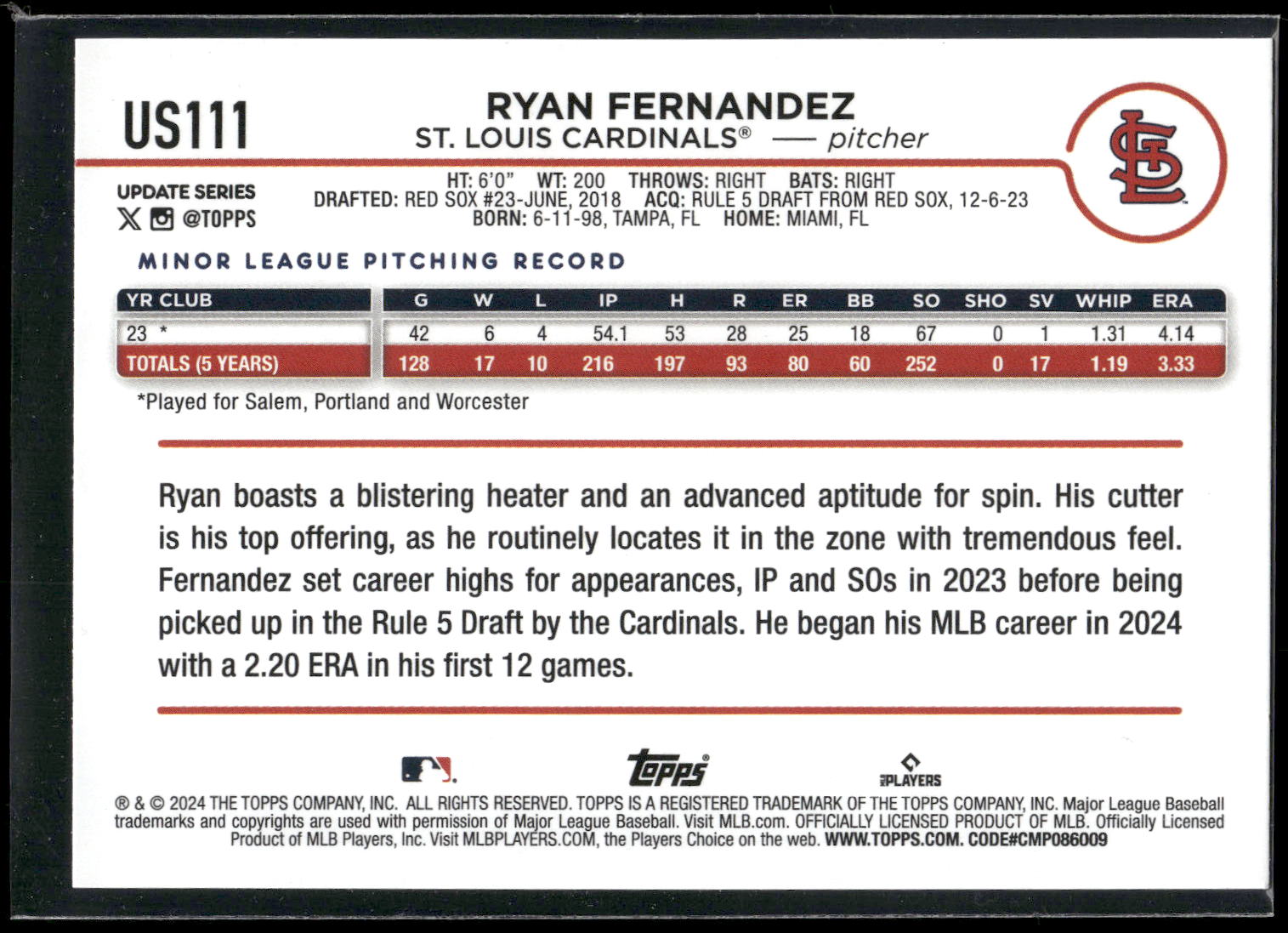 2024 Topps Update #US111 Ryan Fernandez