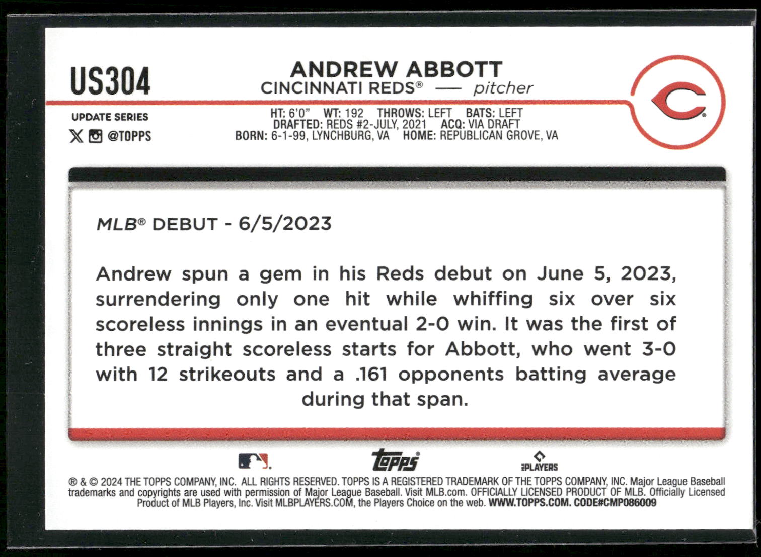2024 Topps Update #US304 Andrew Abbott