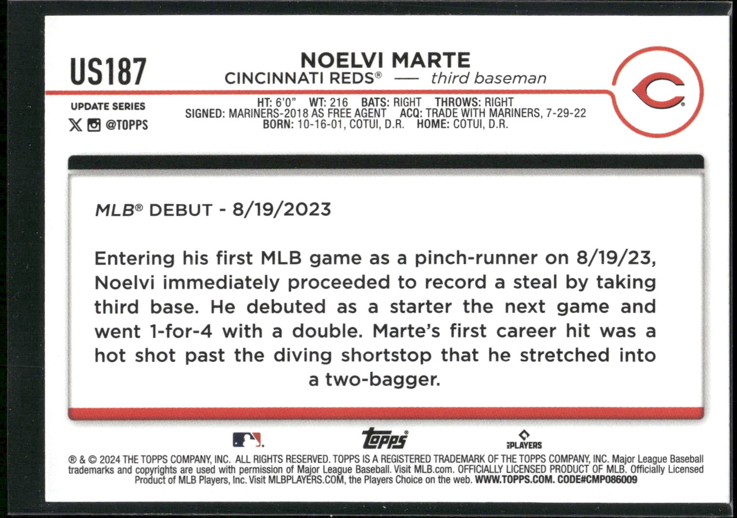 2024 Topps Update #US187 Noelvi Marte