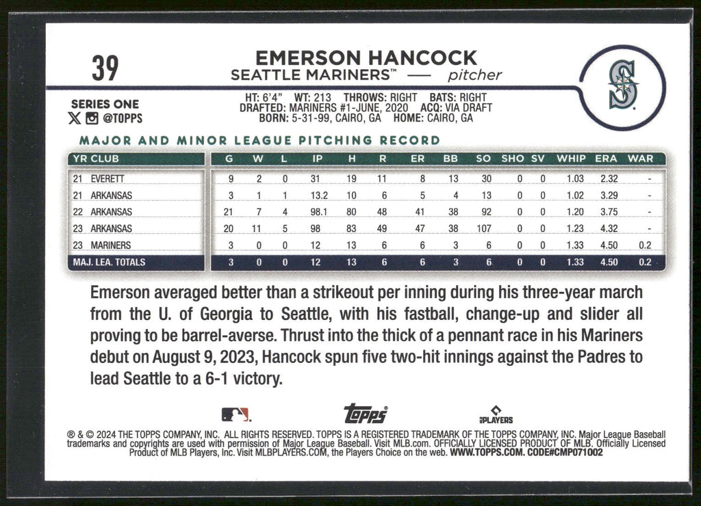 2024 Topps #39 Emerson Hancock