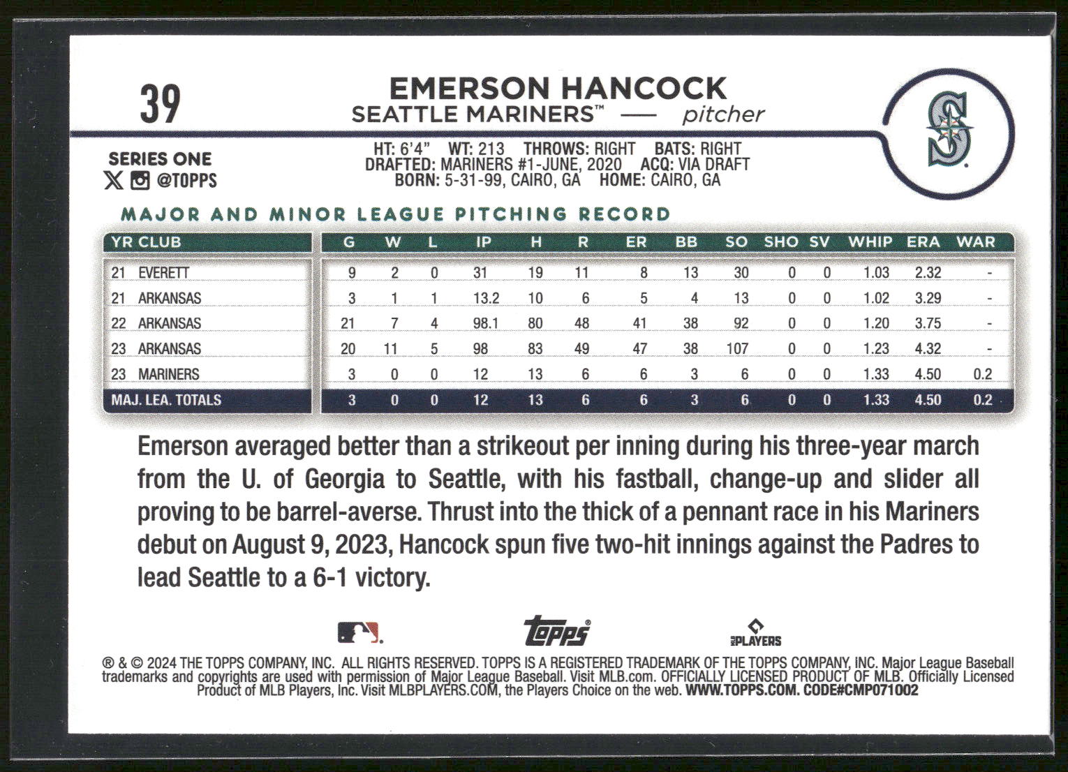2024 Topps #39 Emerson Hancock