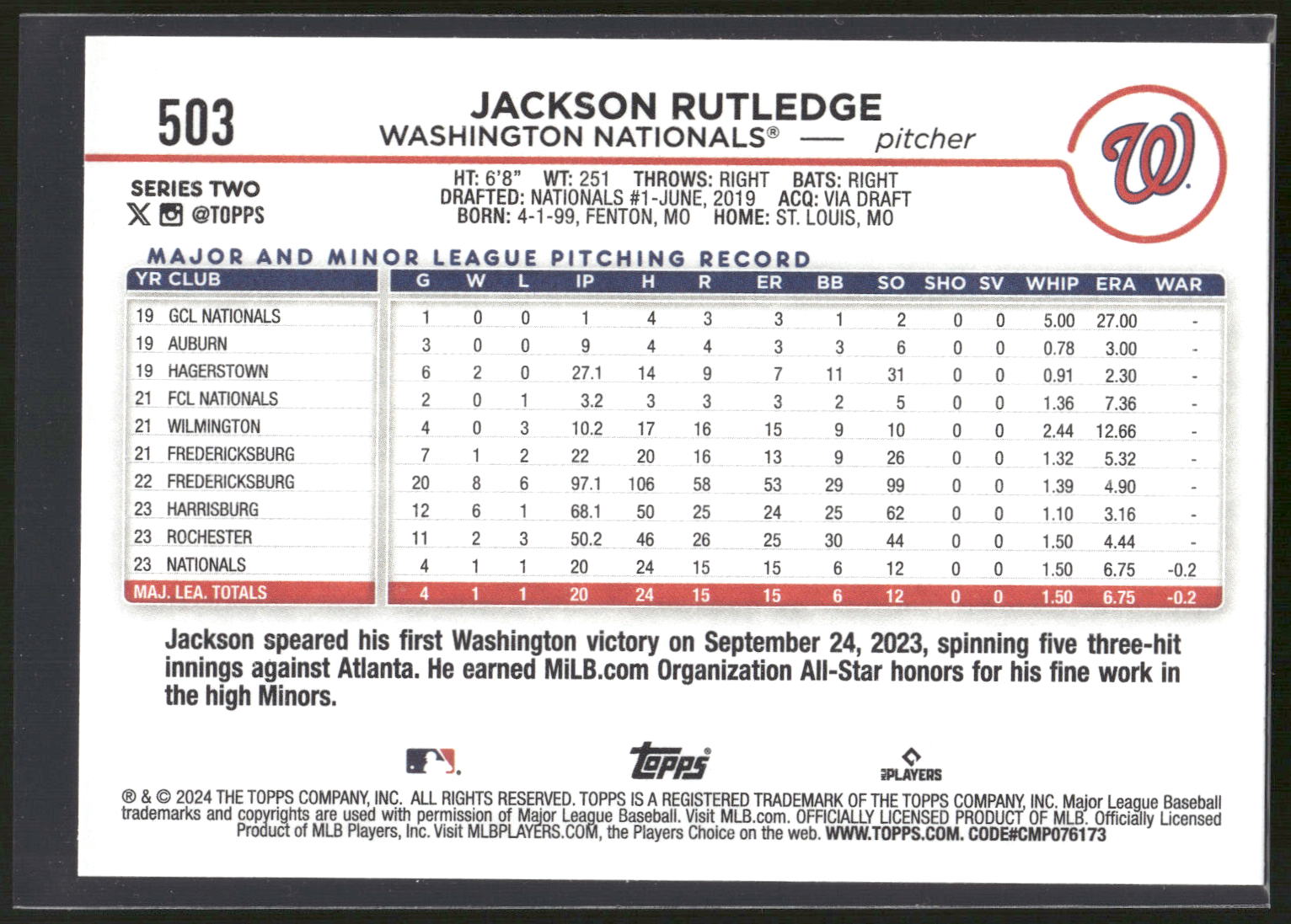 2024 Topps #503 Jackson Rutledge