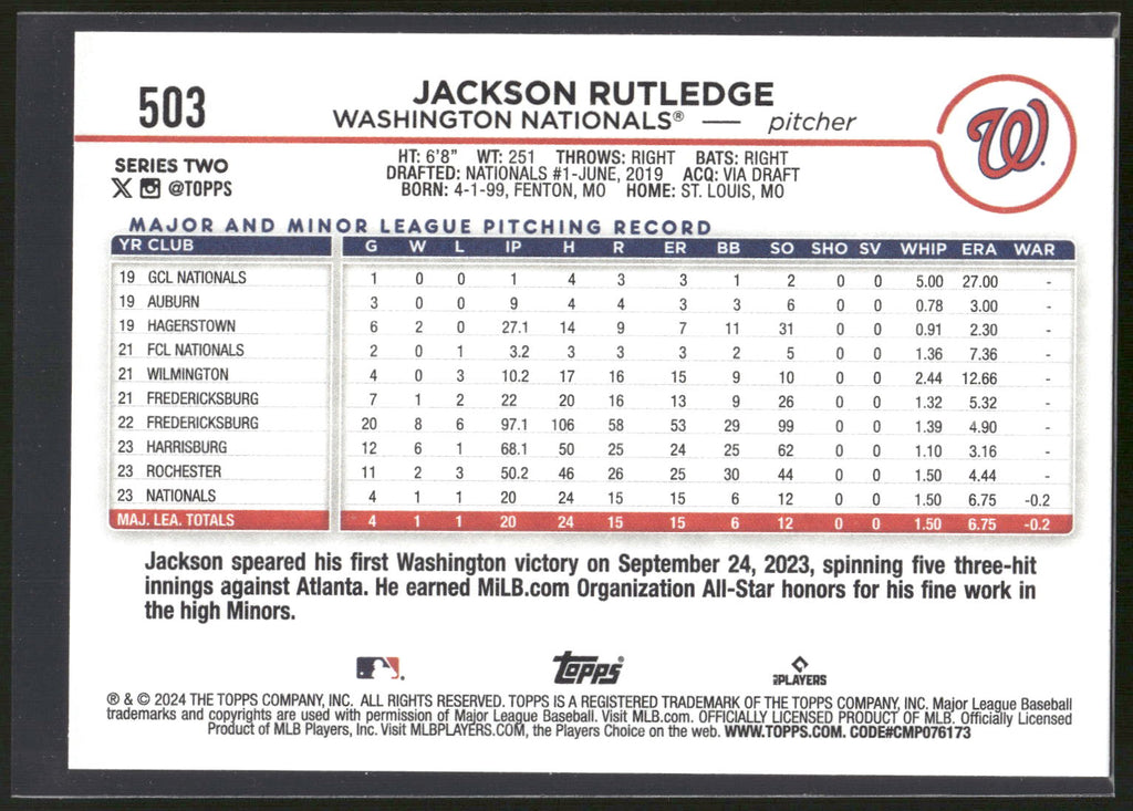 2024 Topps #503 Jackson Rutledge