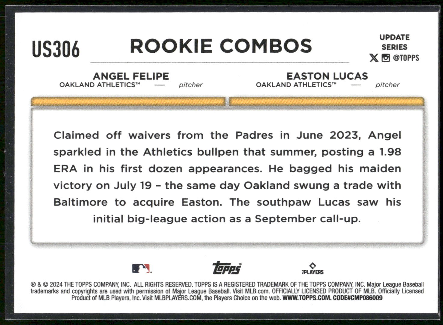 2024 Topps Update #US306 Easton Lucas / Angel Felipe RCOM,