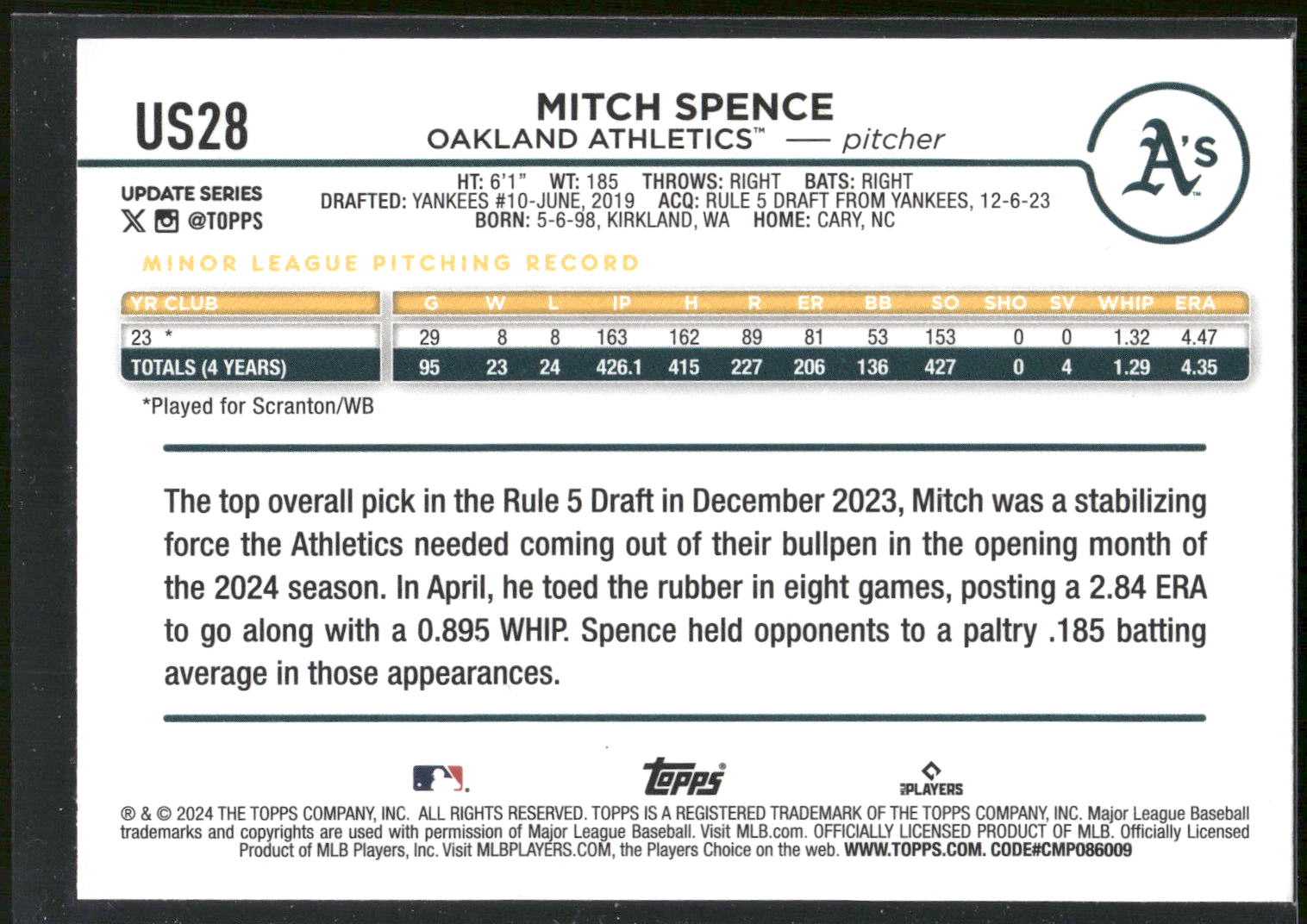 2024 Topps Update #US28 Mitch Spence