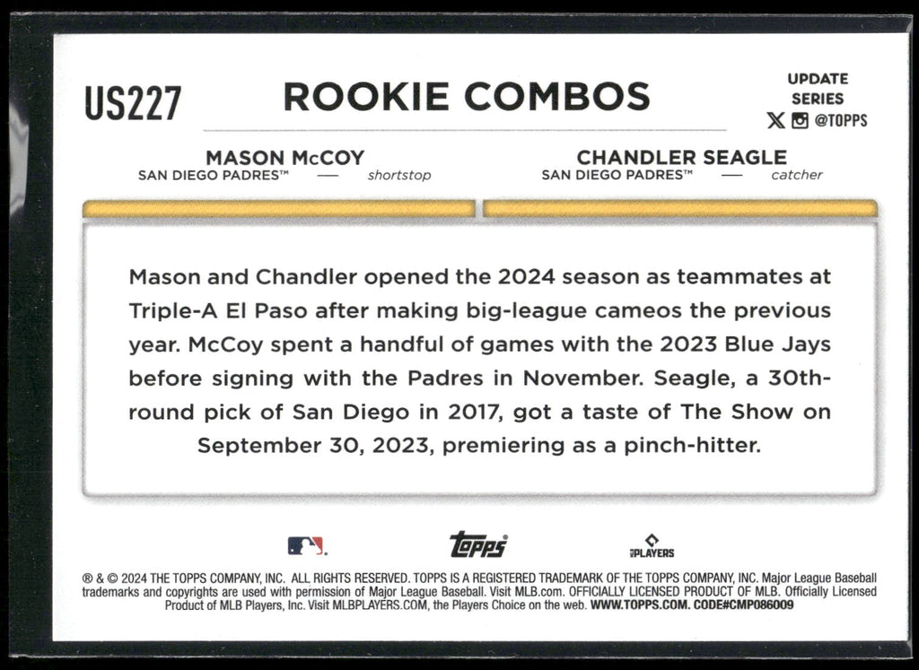 2024 Topps Update #US227 Chandler Seagle / Mason McCoy RCOM,