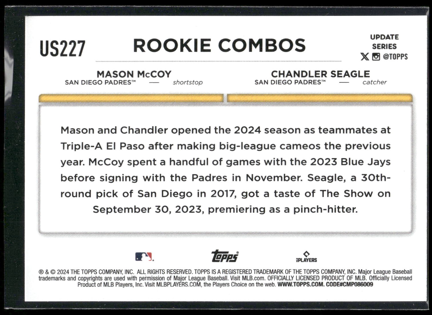 2024 Topps Update #US227 Chandler Seagle / Mason McCoy RCOM,