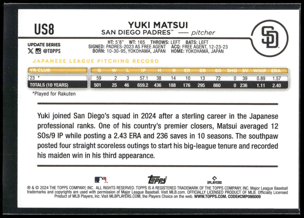 2024 Topps Update #US8 Yuki Matsui