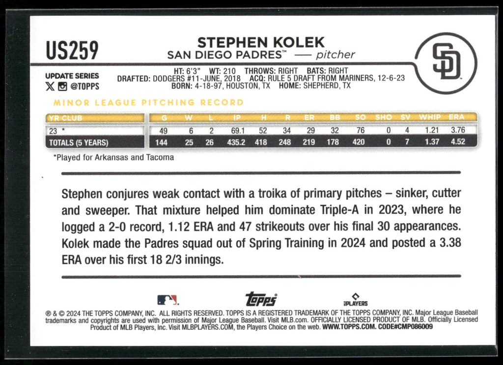 2024 Topps Update #US259 Stephen Kolek