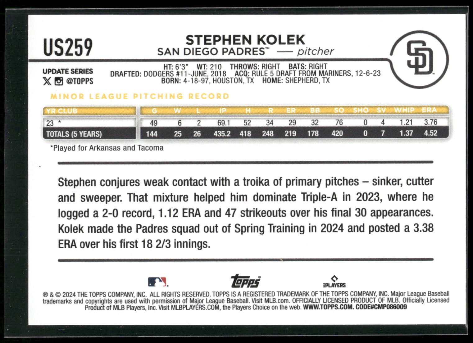 2024 Topps Update #US259 Stephen Kolek