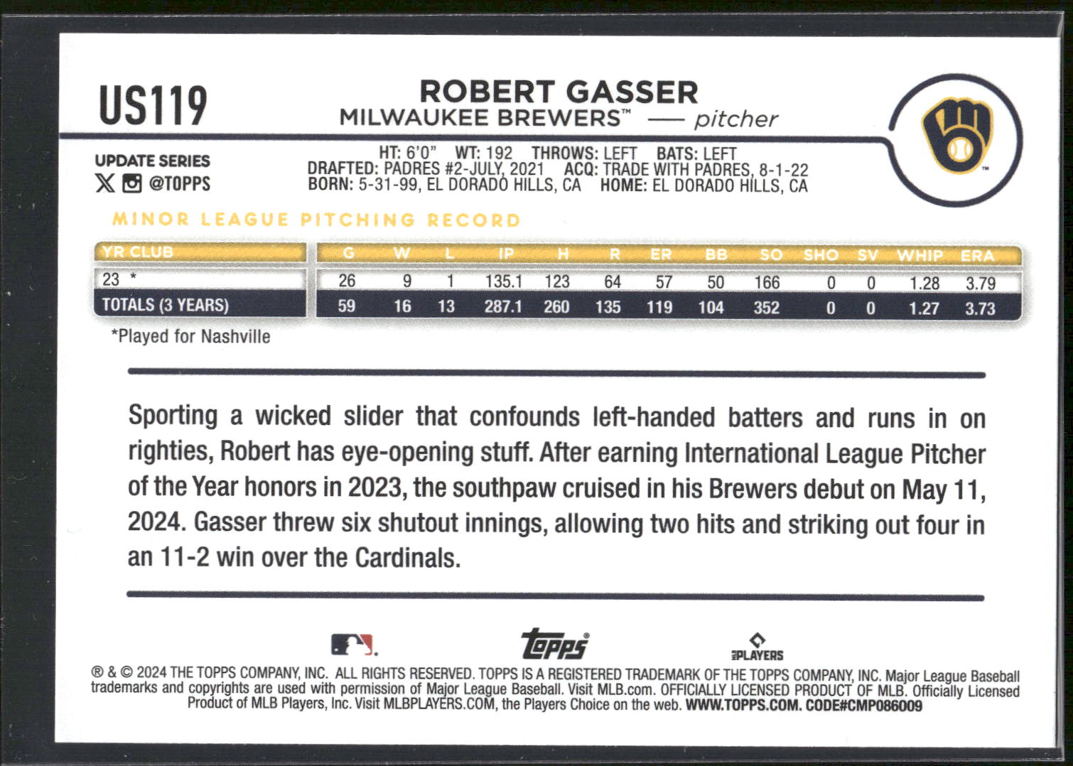 2024 Topps Update #US119 Robert Gasser