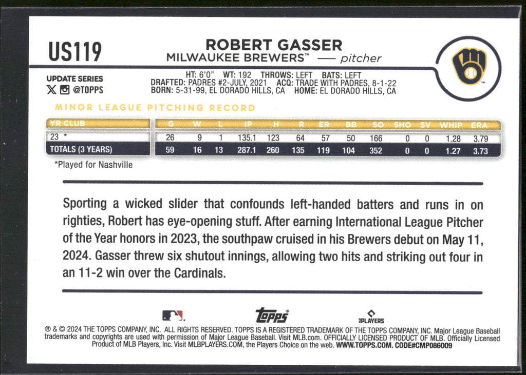 2024 Topps Update #US119 Robert Gasser