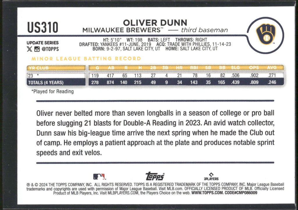 2024 Topps Update #US310 Oliver Dunn