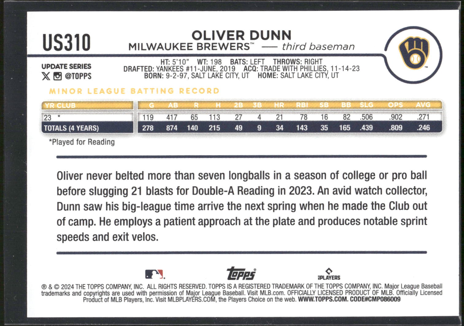 2024 Topps Update #US310 Oliver Dunn
