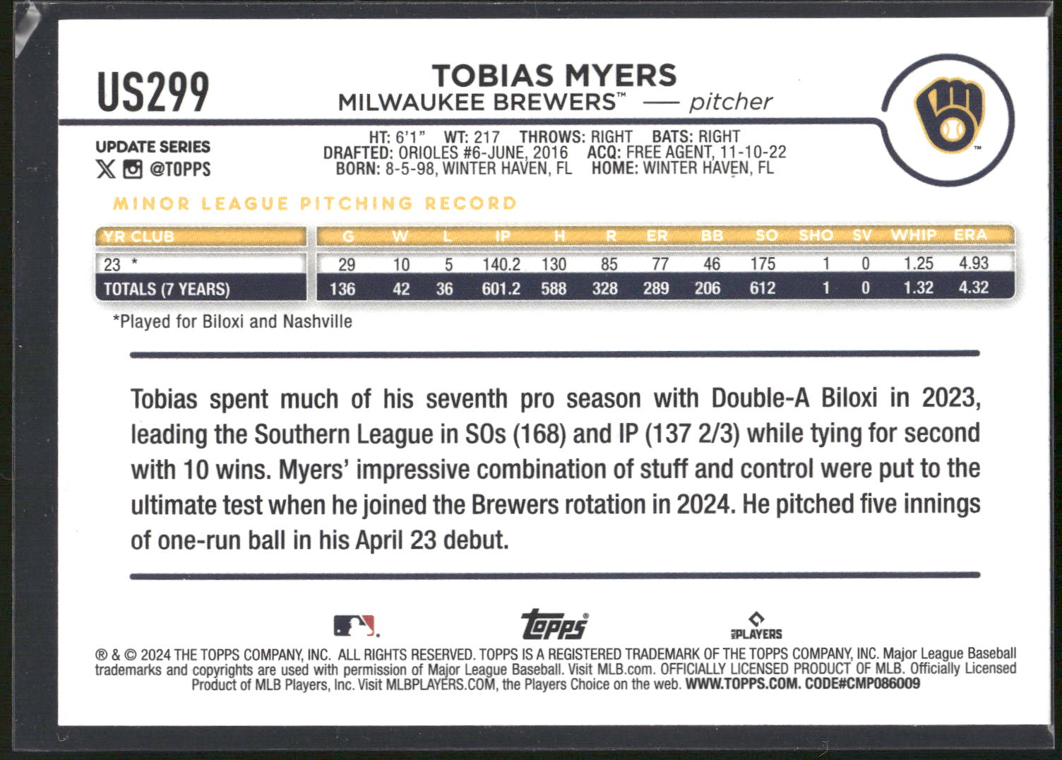 2024 Topps Update #US299 Tobias Myers