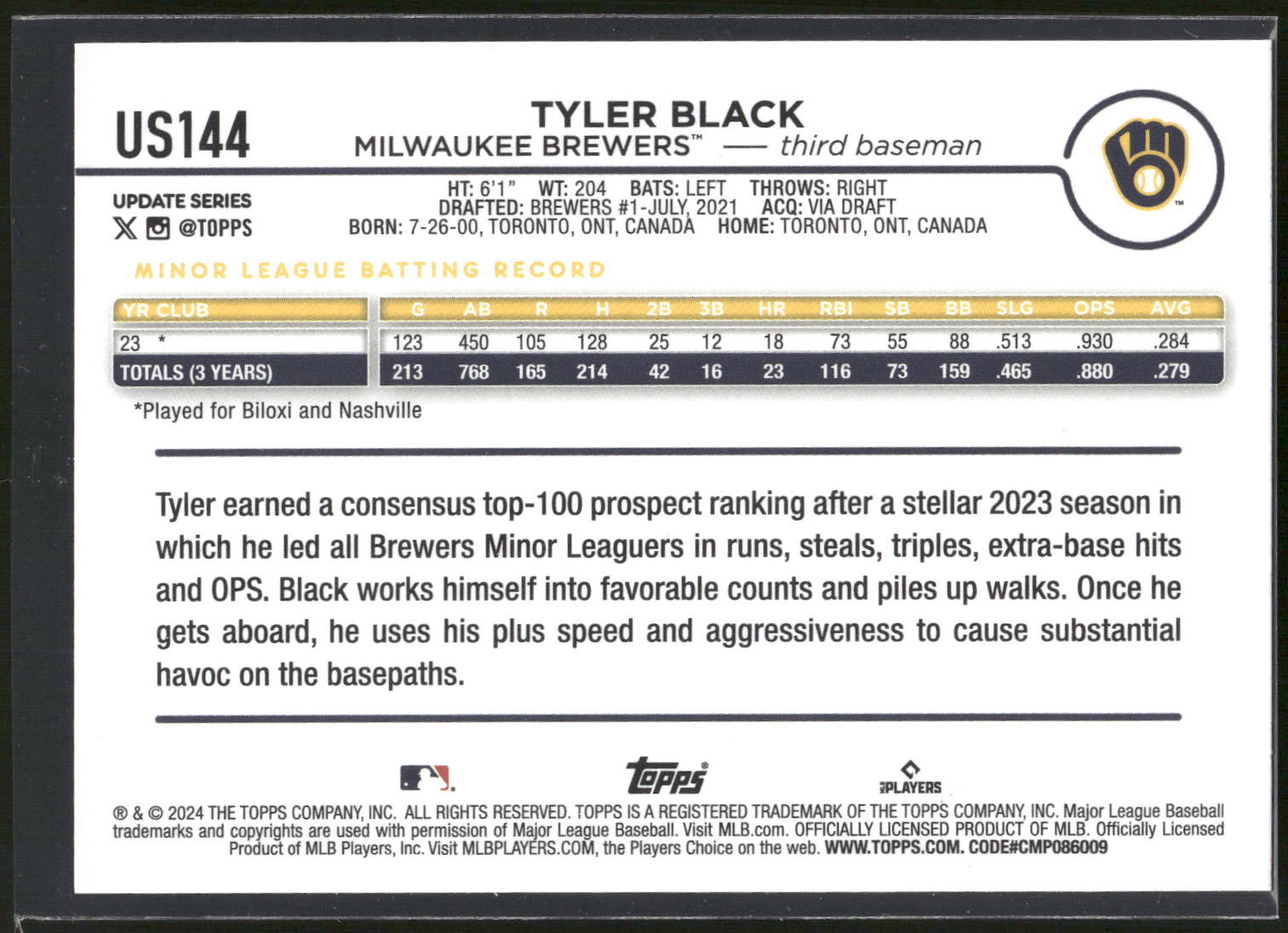 2024 Topps Update #US144 Tyler Black