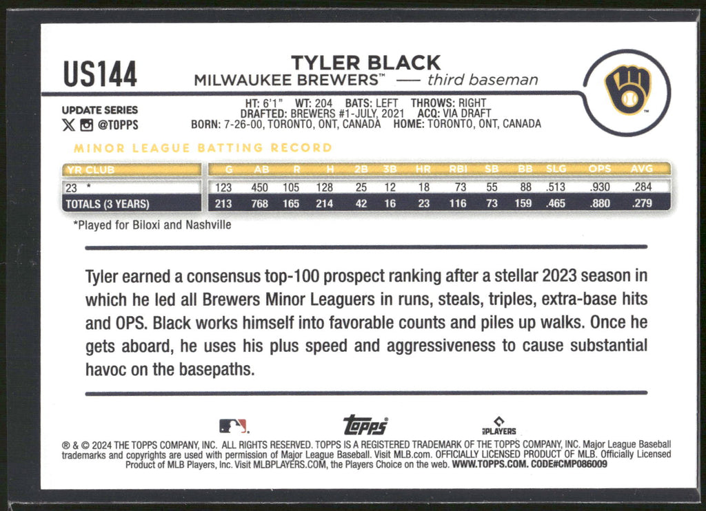 2024 Topps Update #US144 Tyler Black