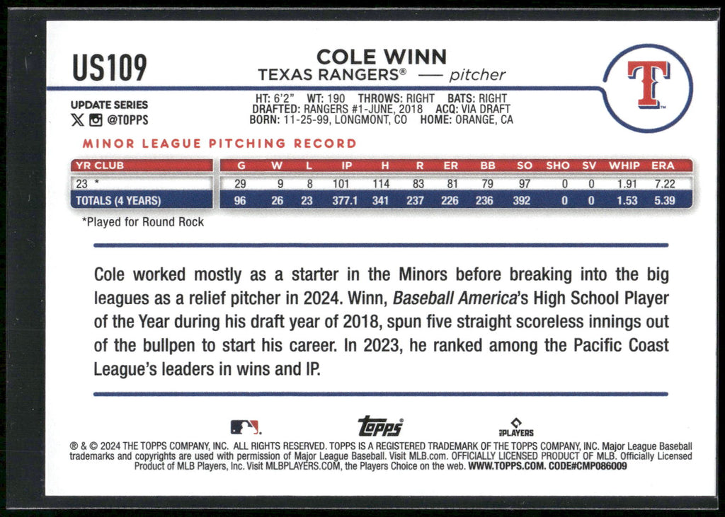 2024 Topps Update #US109 Cole Winn