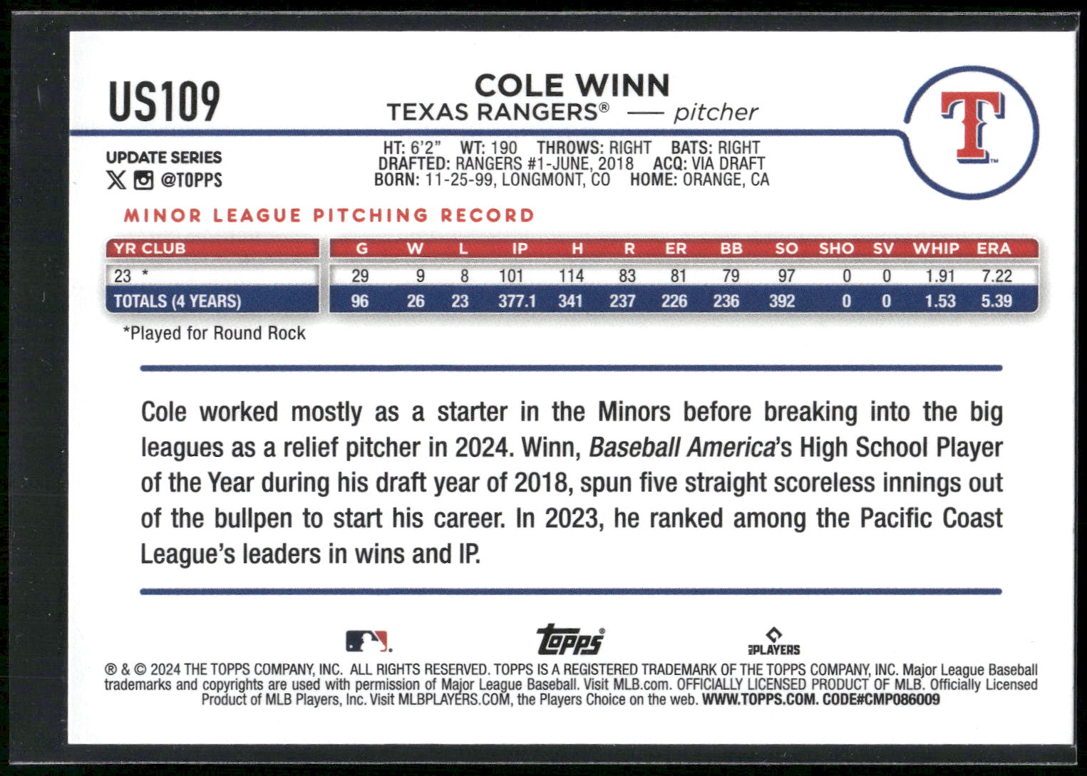 2024 Topps Update #US109 Cole Winn