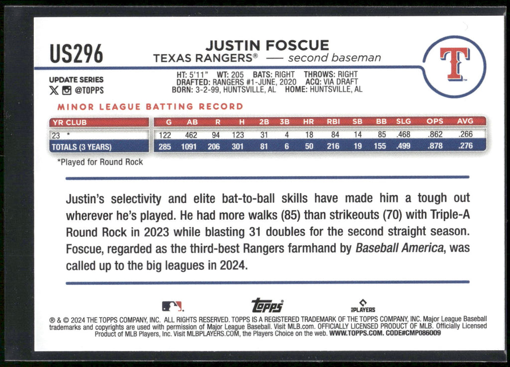 2024 Topps Update #US296 Justin Foscue