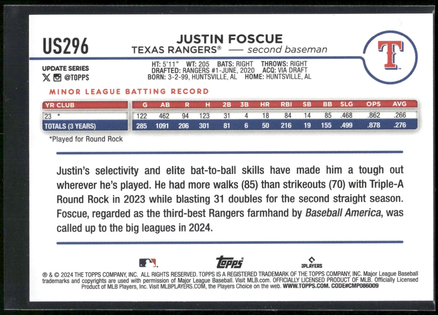 2024 Topps Update #US296 Justin Foscue