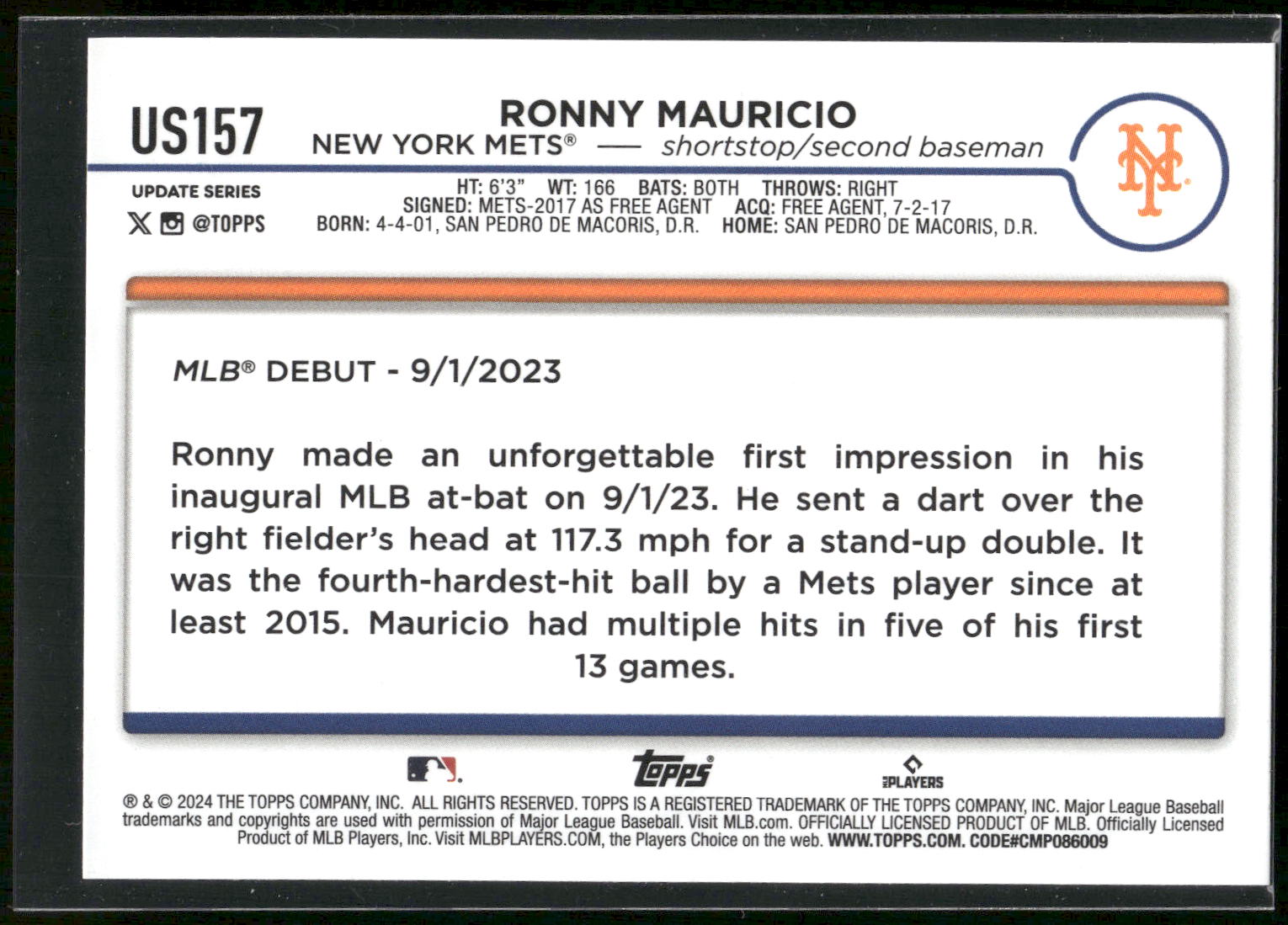 2024 Topps Update #US157 Ronny Mauricio