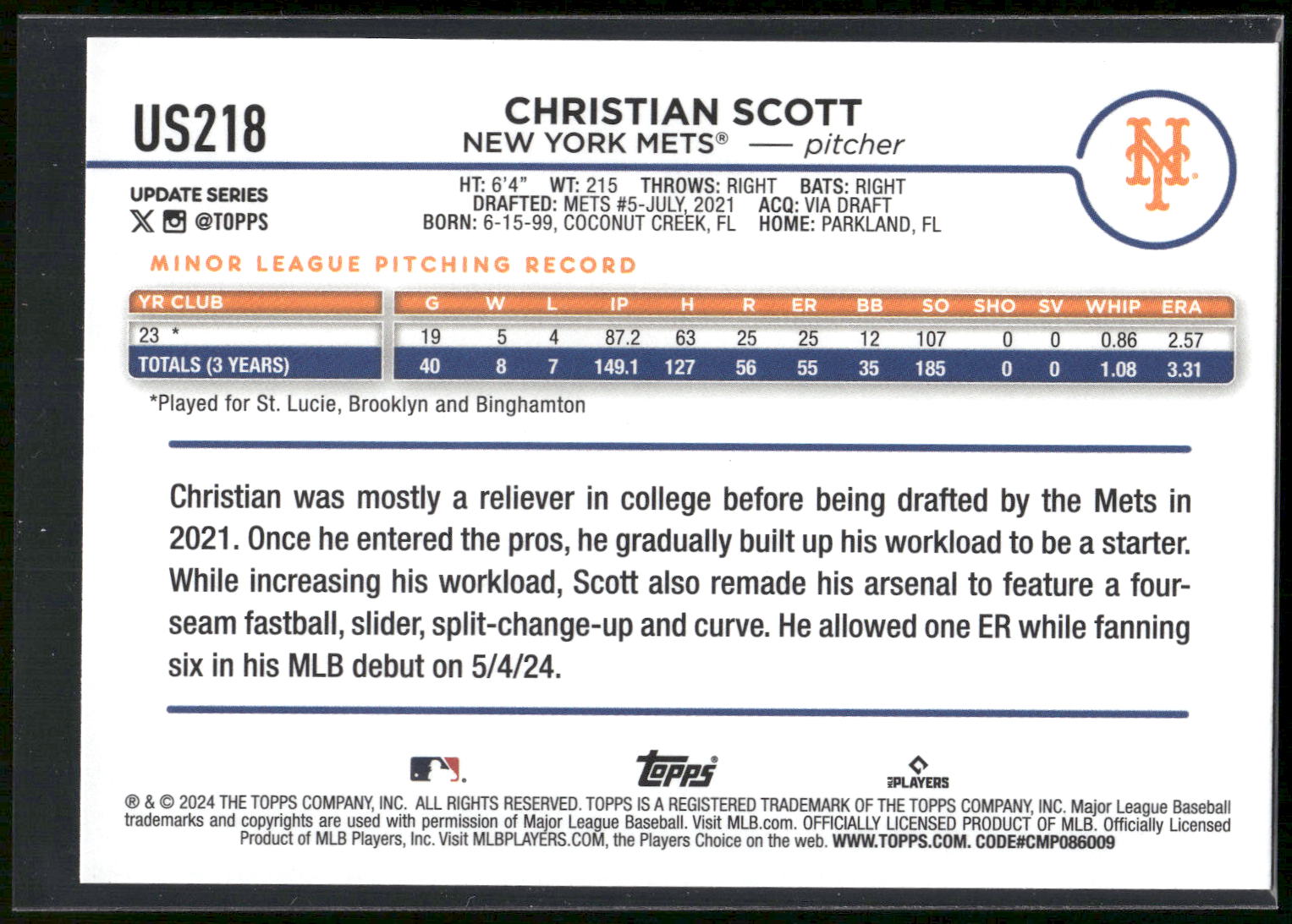 2024 Topps Update #US218 Christian Scott