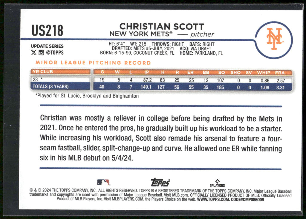 2024 Topps Update #US218 Christian Scott