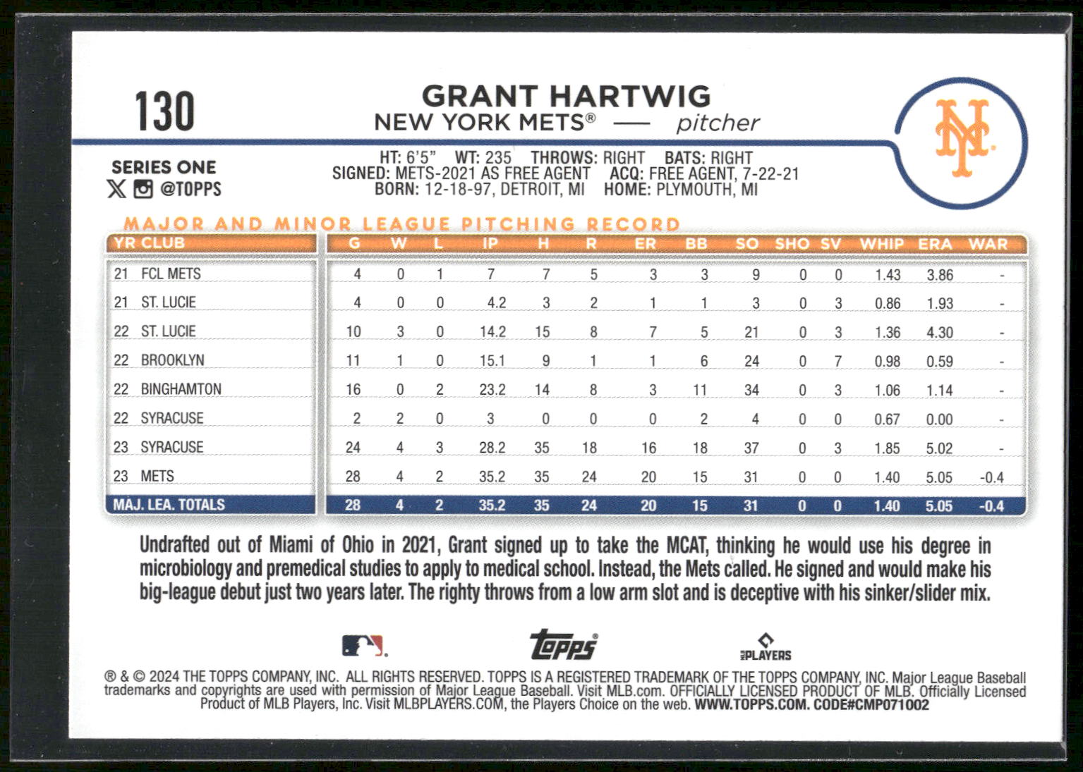 2024 Topps #130 Grant Hartwig