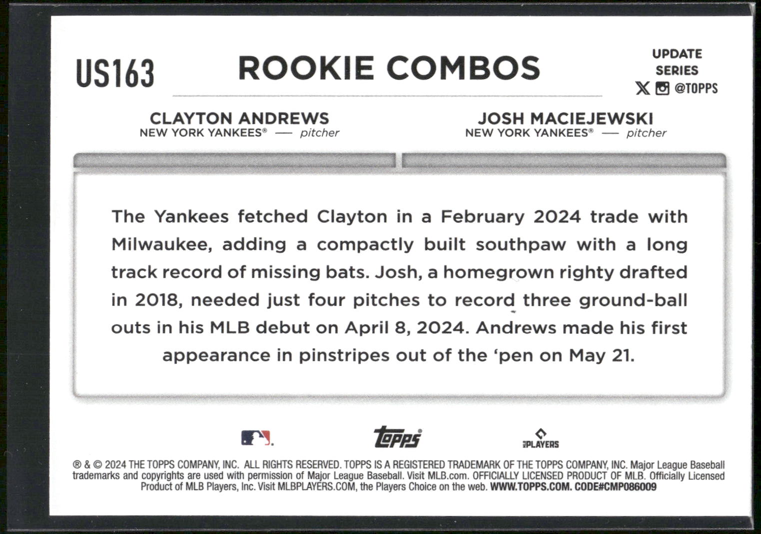 2024 Topps Update #US163 Clayton Andrews / Josh Maciejewski RCOM,