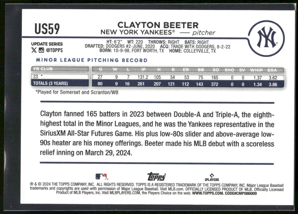 2024 Topps Update #US59 Clayton Beeter