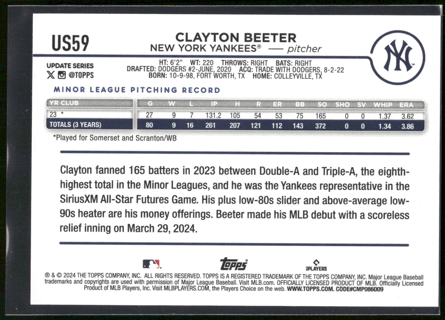 2024 Topps Update #US59 Clayton Beeter