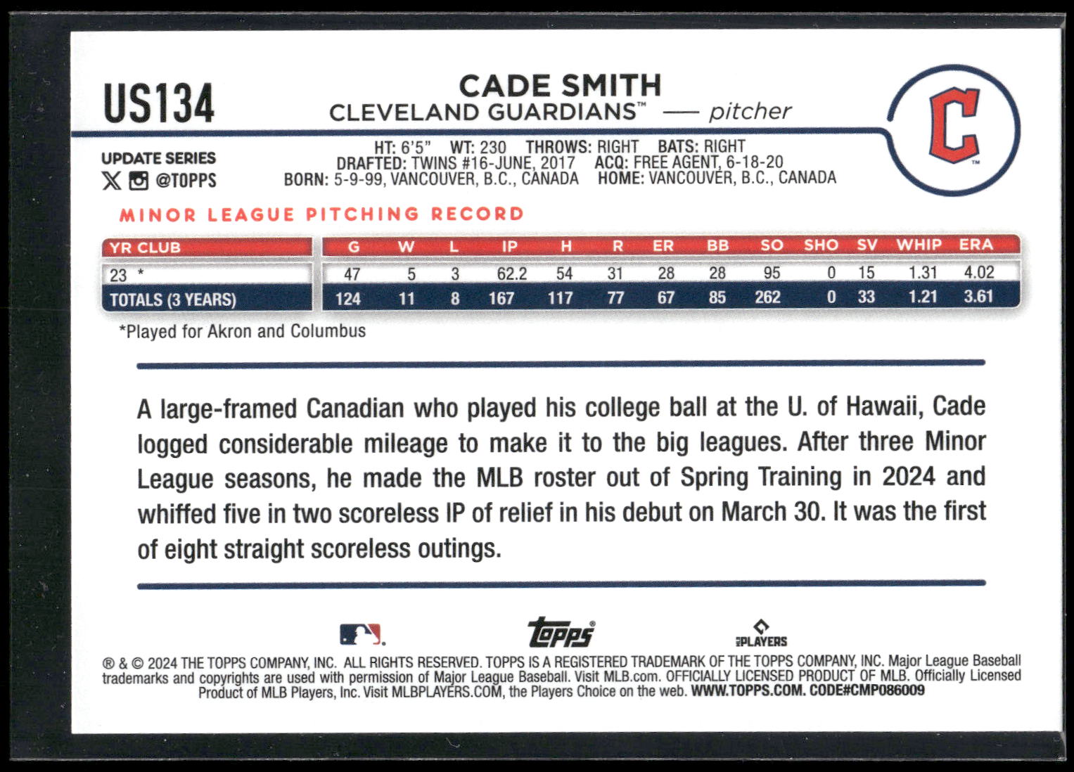 2024 Topps Update #US134 Cade Smith
