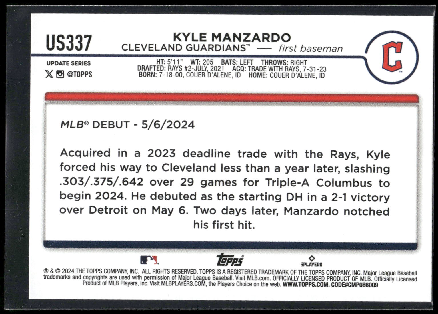 2024 Topps Update #US337 Kyle Manzardo